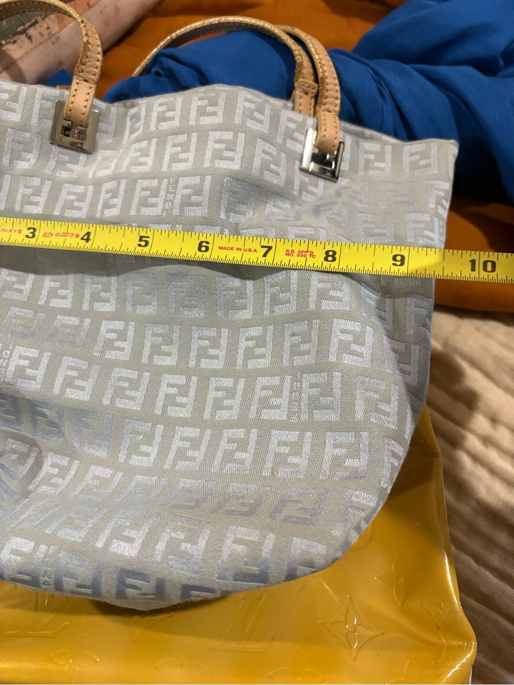 Fendi Light Blue FF Monogram Tote with Tan Leather Straps. - Picture 15 of 16
